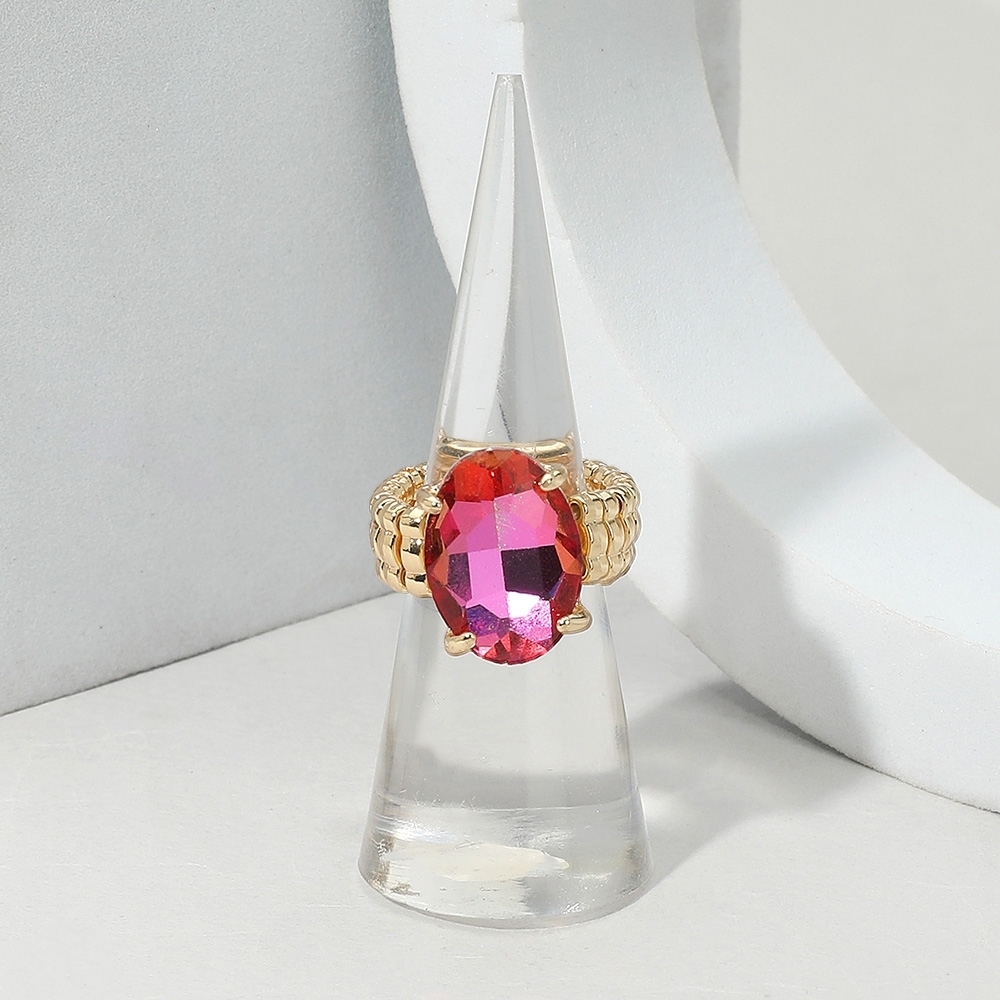 Abalone Hot Pink Oval Cut Crystal Stretch Ring Faceted Fashion Statement Jewelry